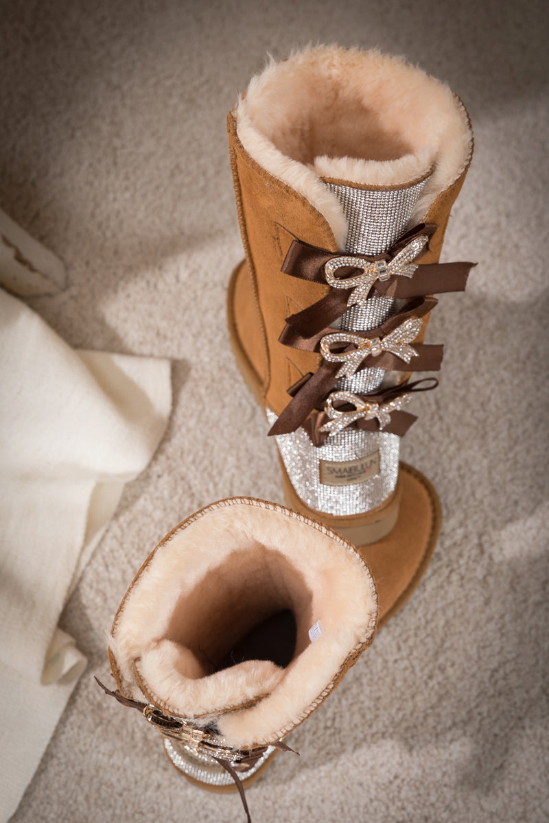 UGG Rhinestone Ribbon Tri-Tie Bow Suede Boots - Chestnut