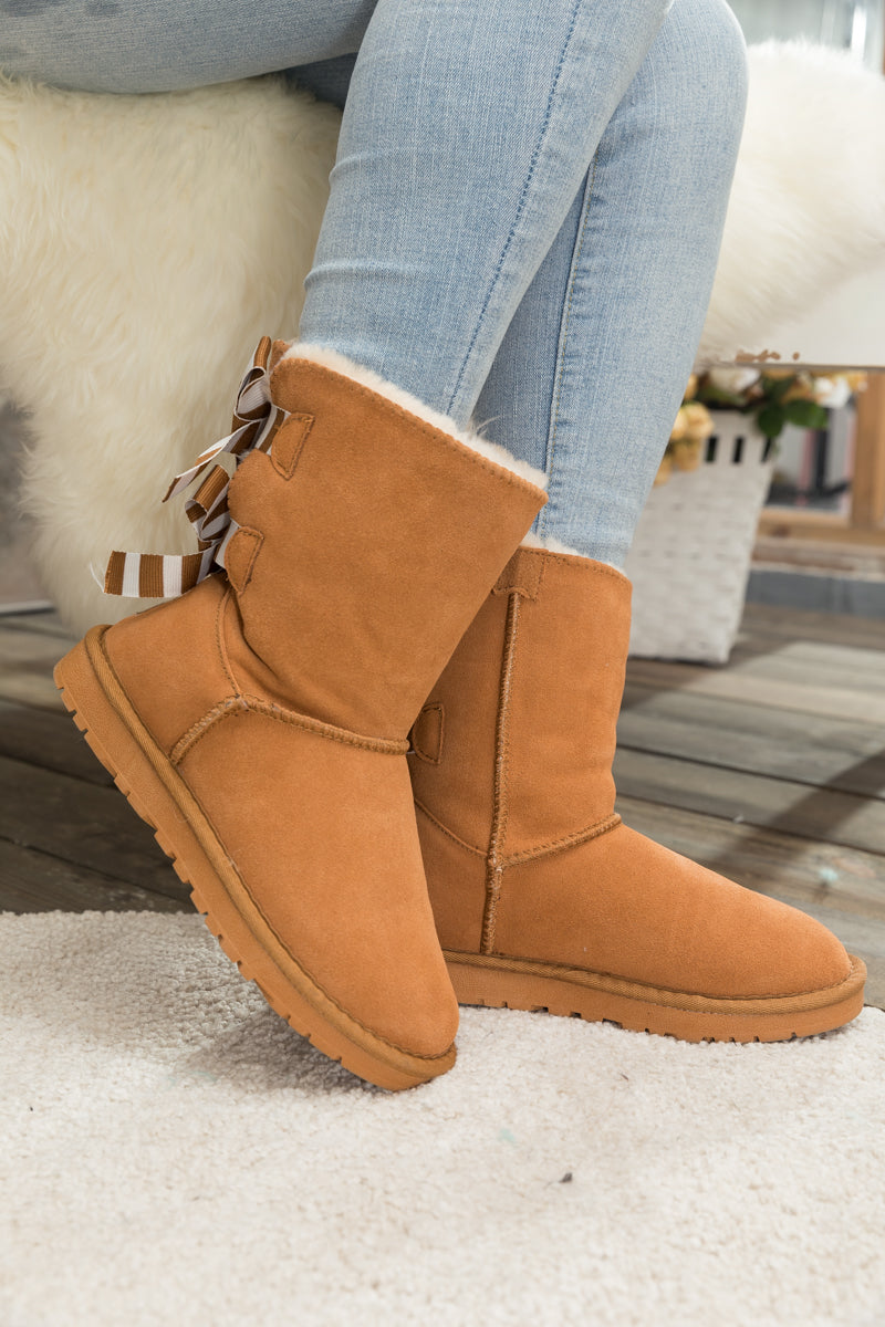 UGG Serenity Striped Bailey Bow Shearling Boots - Chestnut