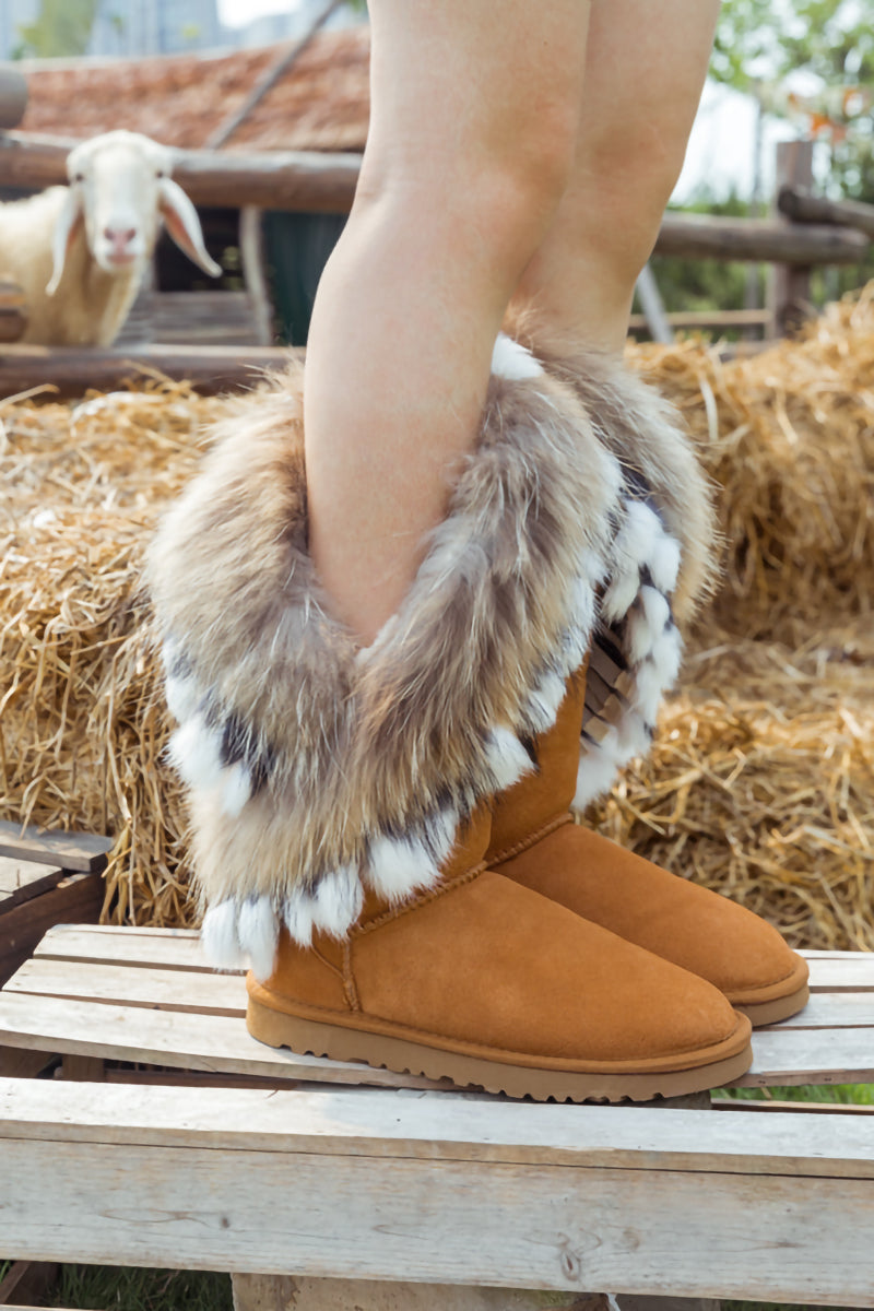 UGG Faux Fur Wool-Lined Grazing Calf Boots - Chestnut