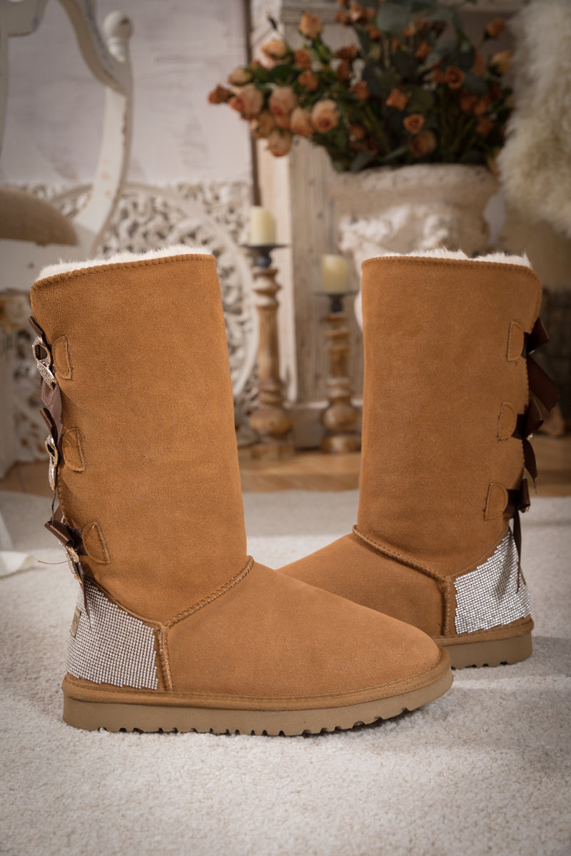 UGG Rhinestone Ribbon Tri-Tie Bow Suede Boots - Chestnut