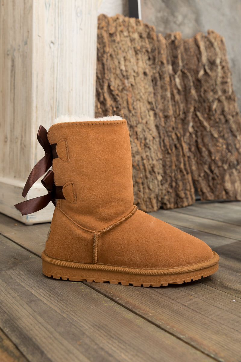 UGG Double Ballet Ribbon Bow Suede Shearling Boots - Chestnut