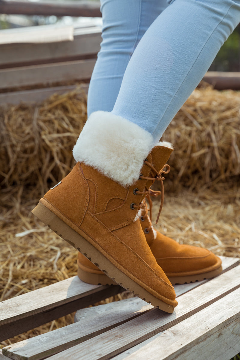 UGG Wool-Lined Suede Tie Up UGG Boots - Chestnut