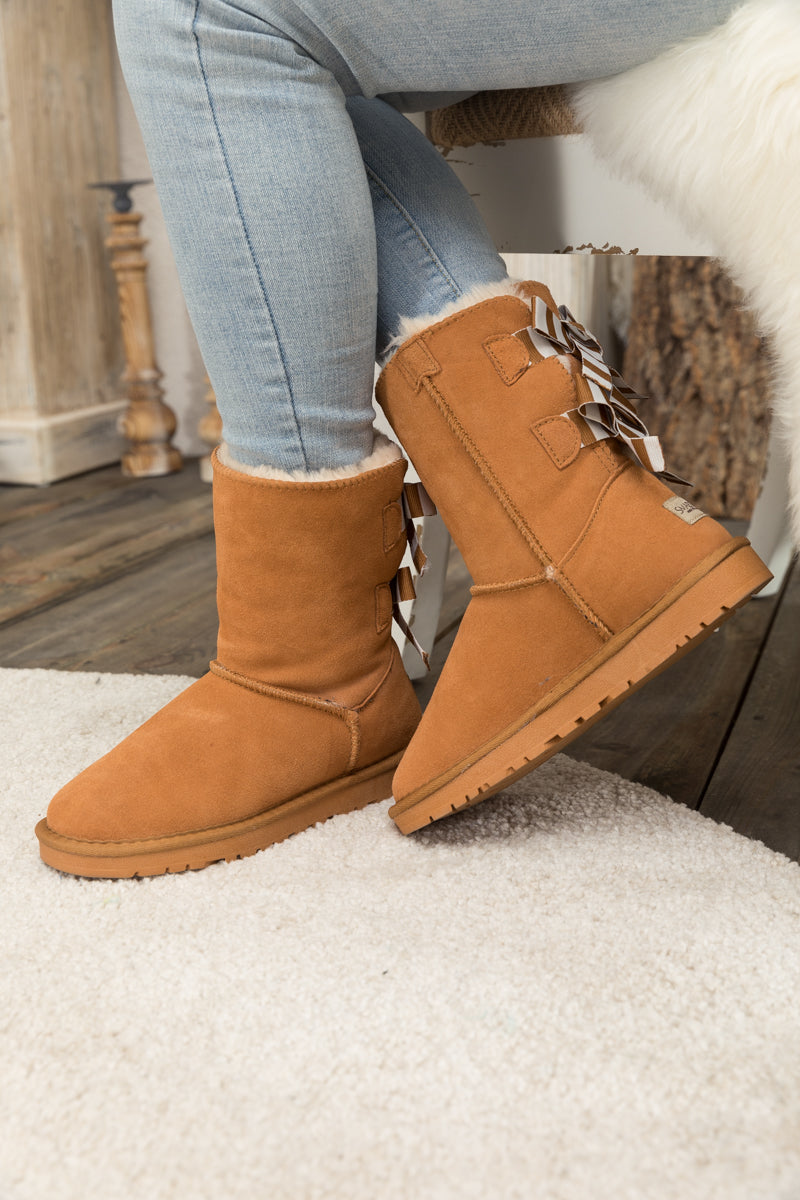 UGG Serenity Striped Bailey Bow Shearling Boots - Chestnut