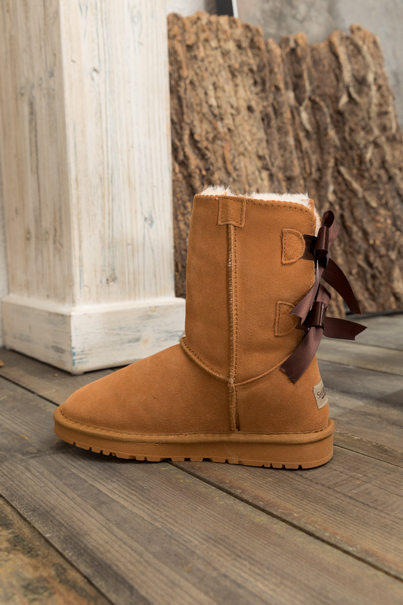 UGG Double Ballet Ribbon Bow Suede Shearling Boots - Chestnut