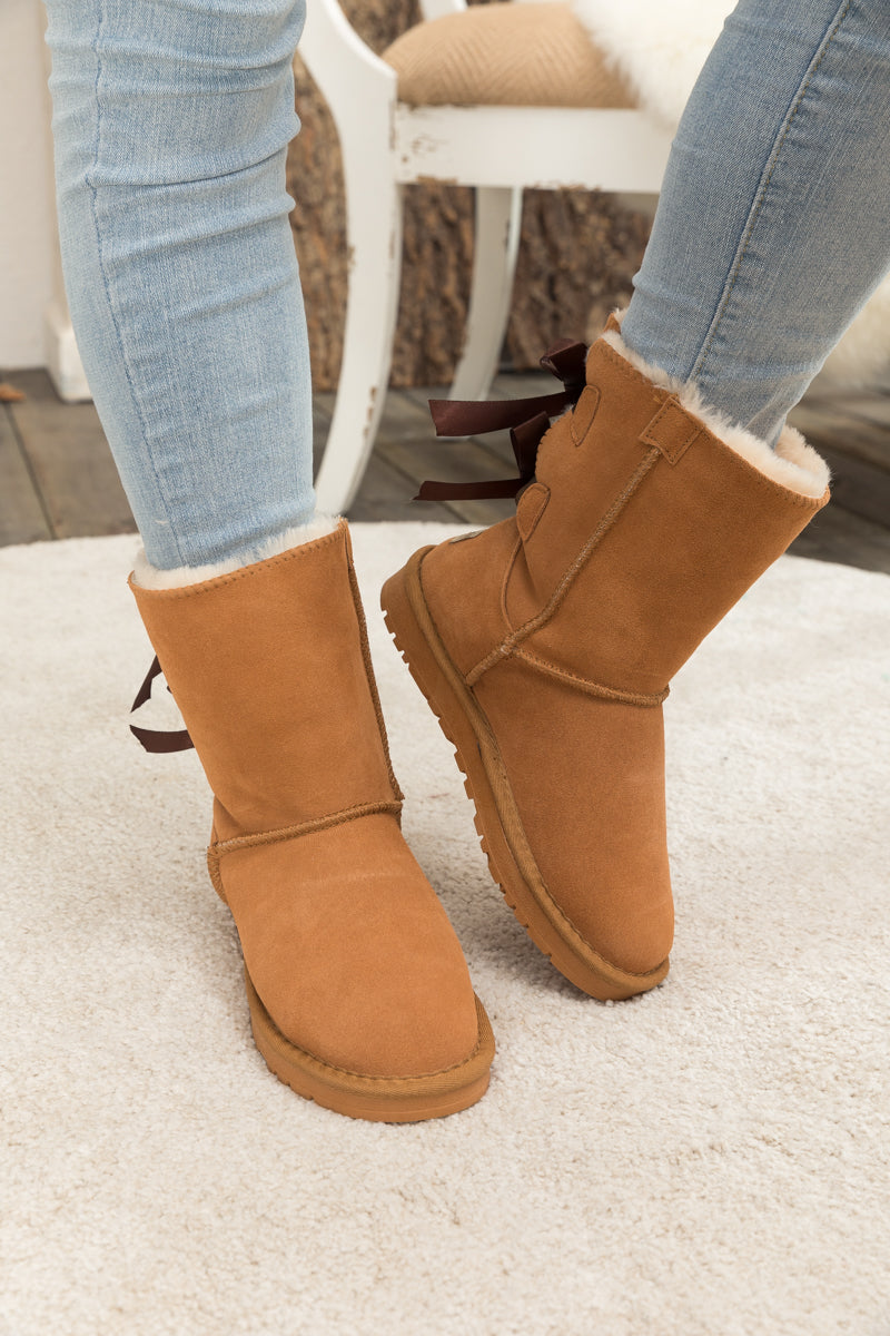 UGG Double Ballet Ribbon Bow Suede Shearling Boots - Chestnut