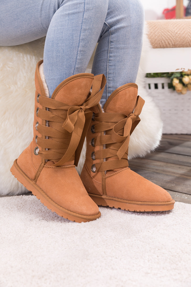 UGG Ribbon Lace-Up Faux Fur-lined Suede Boot - Chestnut