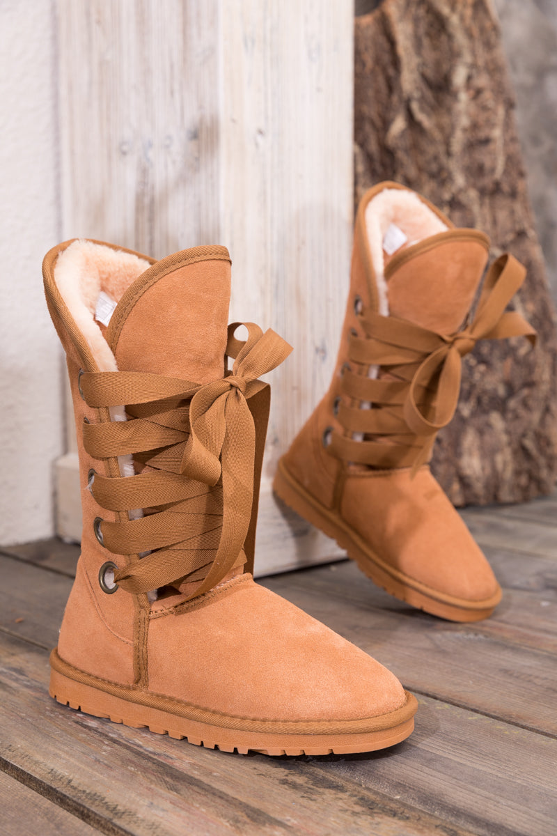 UGG Ribbon Lace-Up Faux Fur-lined Suede Boot - Chestnut