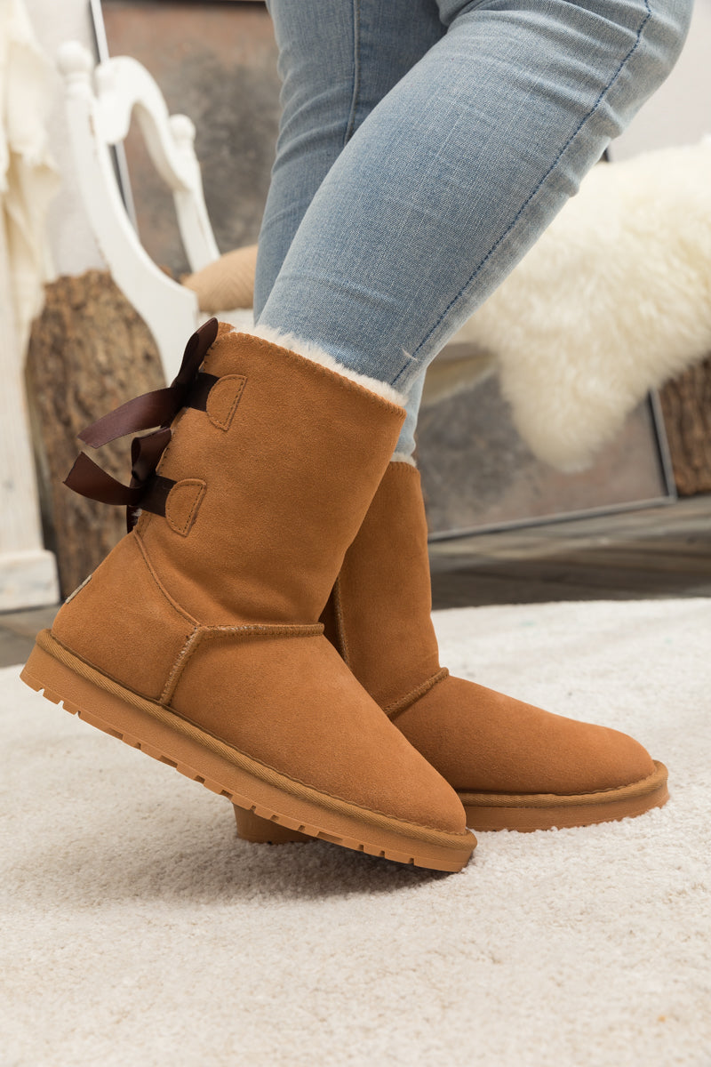 UGG Double Ballet Ribbon Bow Suede Shearling Boots - Chestnut