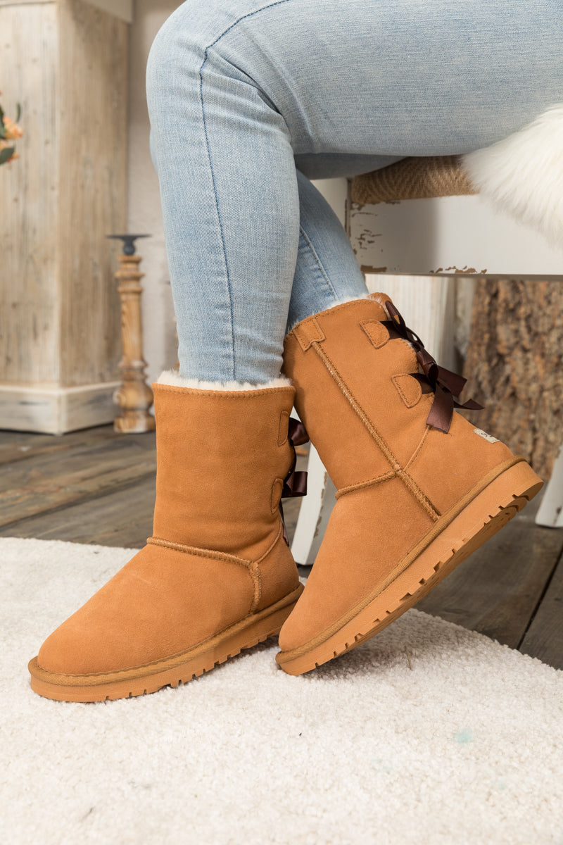 UGG Double Ballet Ribbon Bow Suede Shearling Boots - Chestnut