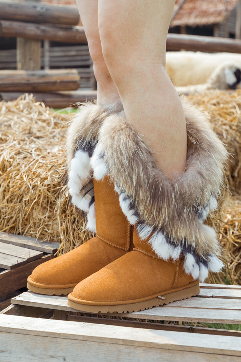 UGG Faux Fur Wool-Lined Grazing Calf Boots - Chestnut