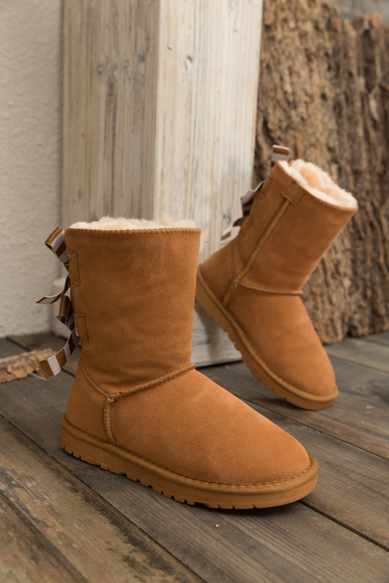 UGG Serenity Striped Bailey Bow Shearling Boots - Chestnut