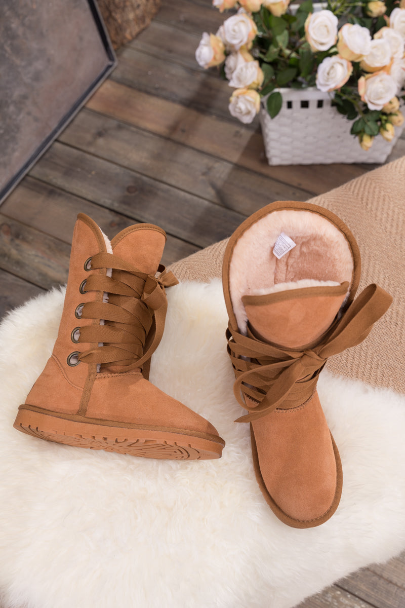 UGG Ribbon Lace-Up Faux Fur-lined Suede Boot - Chestnut