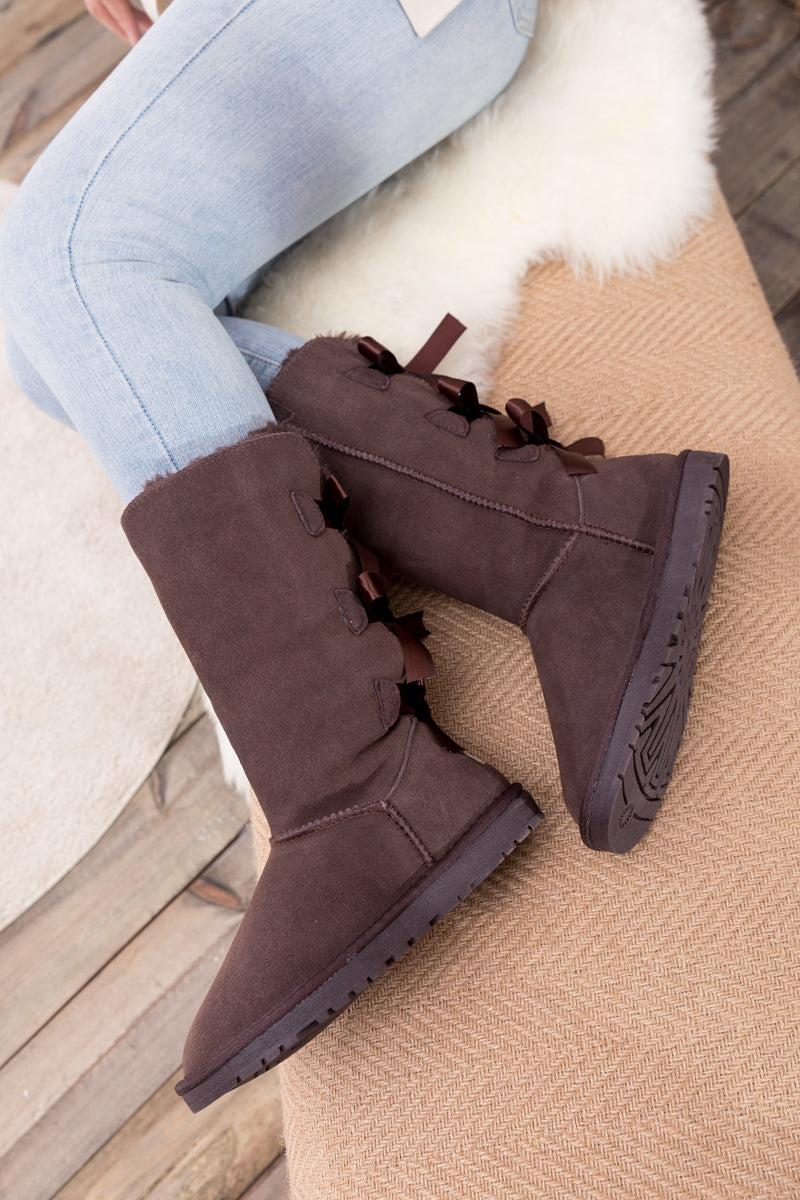 UGG Tri Ribbon Bow Suede Boots - Chocolate