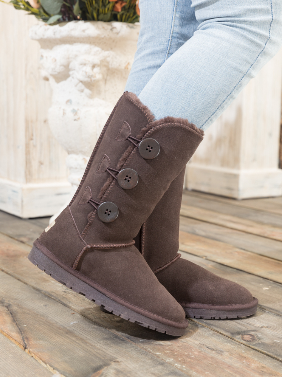 UGG Side Button Faux Fur-Lined Leather Suede Boots - Chocolate
