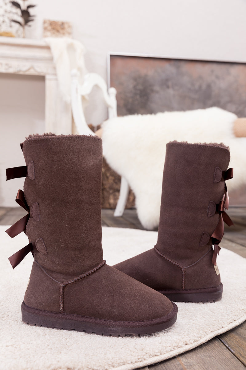 UGG Tri Ribbon Bow Suede Boots - Chocolate