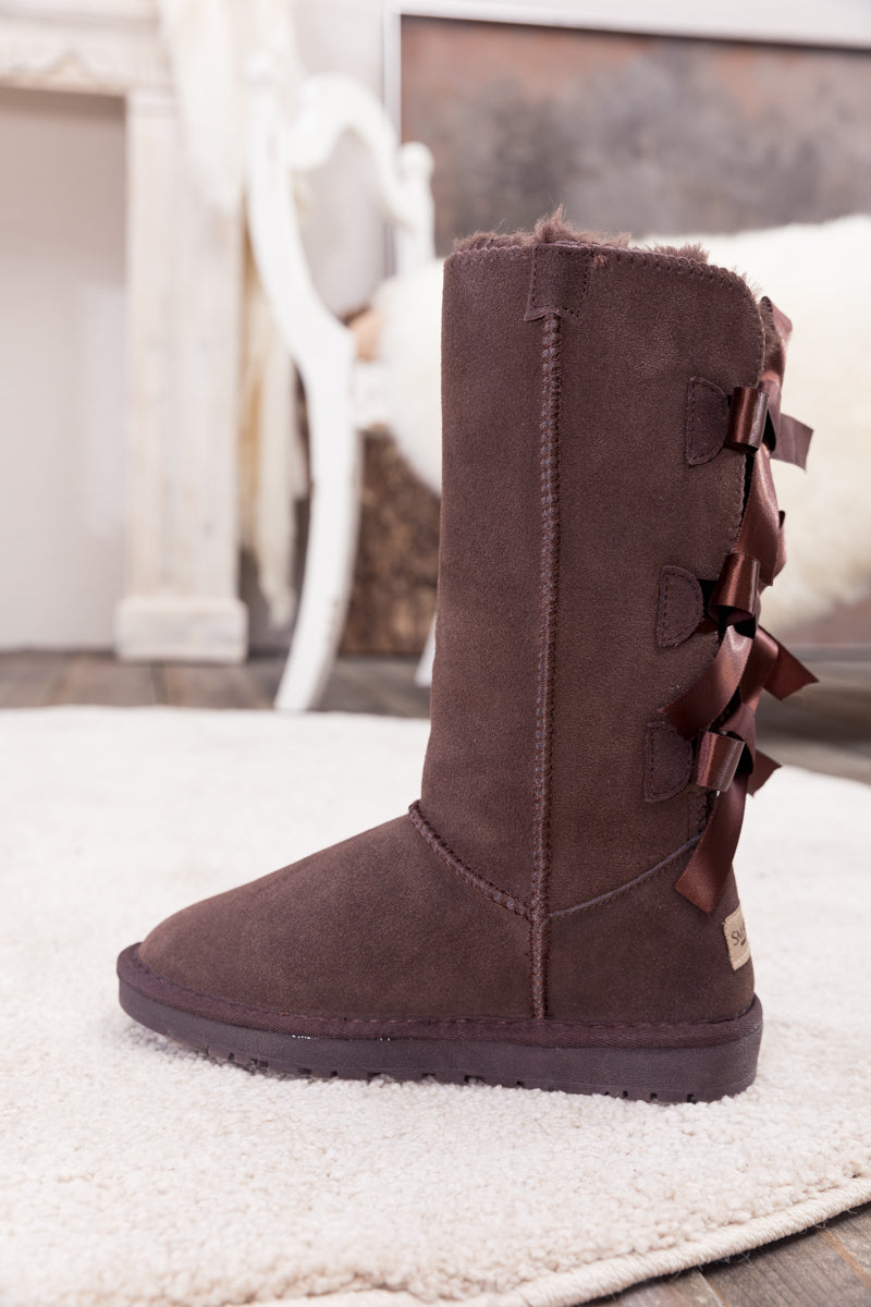 UGG Tri Ribbon Bow Suede Boots - Chocolate