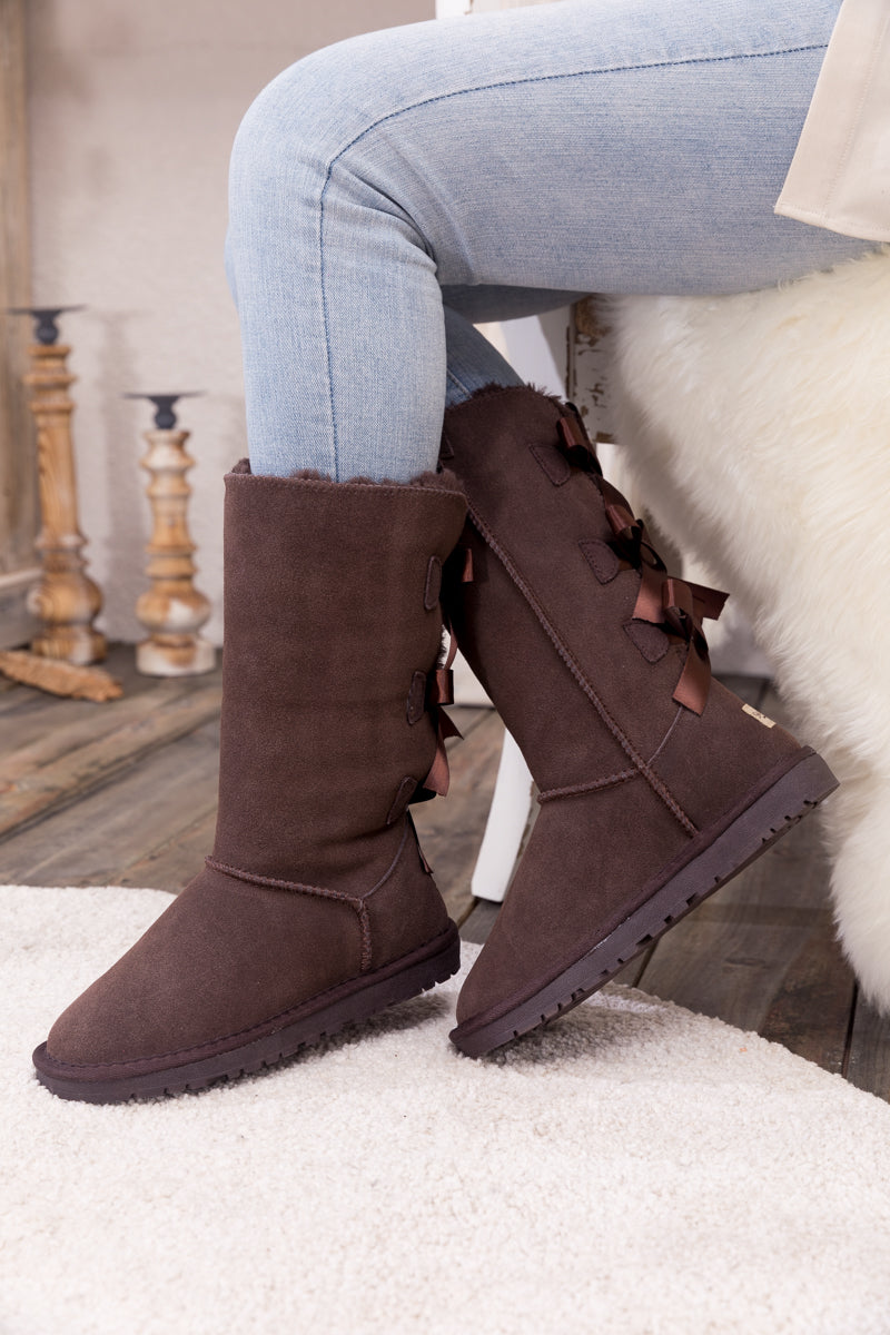 UGG Tri Ribbon Bow Suede Boots - Chocolate
