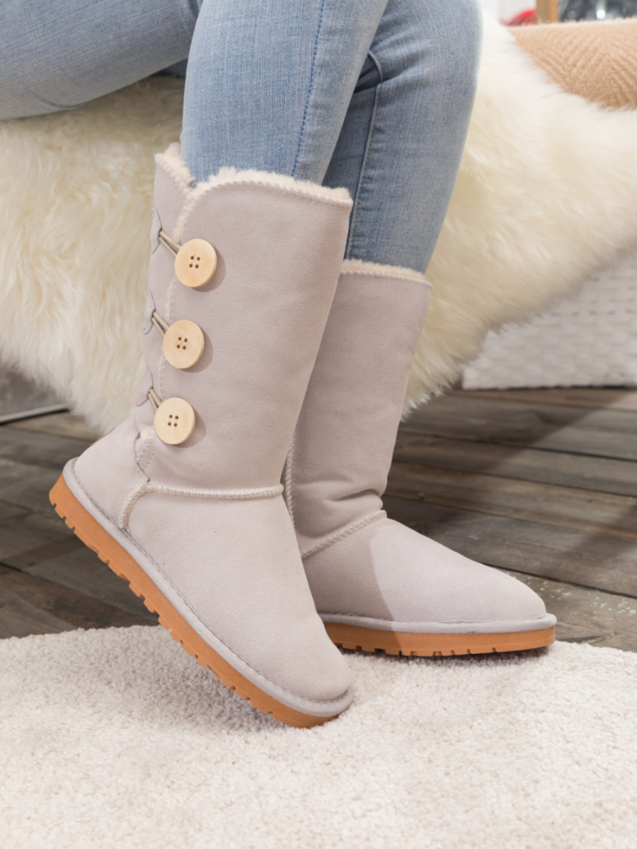 UGG Side Button Faux Fur-Lined Leather Suede Boots - Cream