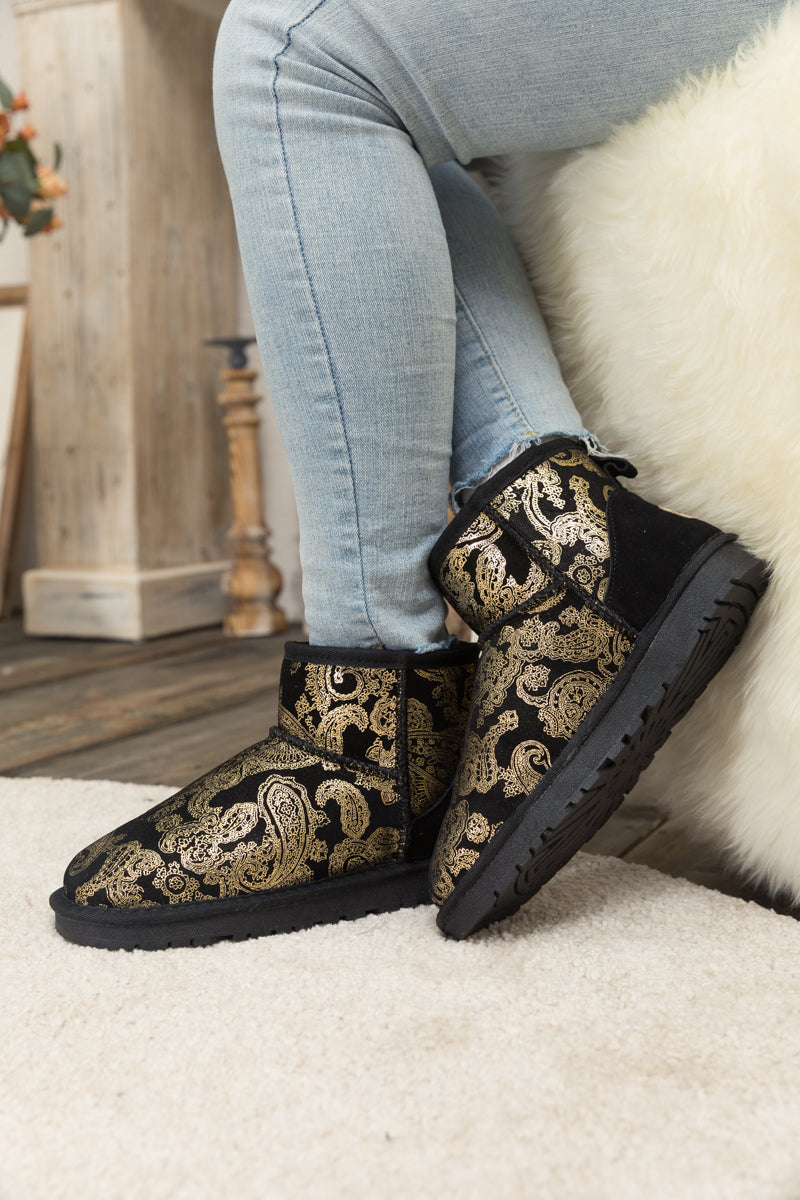 UGG Embroidered Faux Fur-Lined Leather Suede Boot