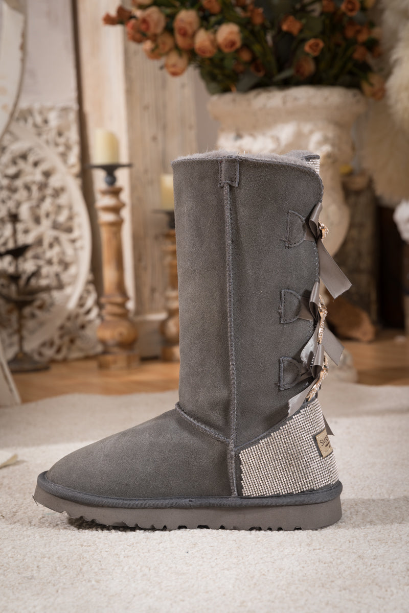 UGG Rhinestone Ribbon Tri-Tie Bow Suede Boots - Grey
