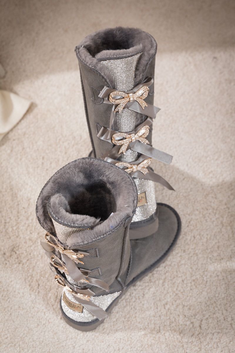 UGG Rhinestone Ribbon Tri-Tie Bow Suede Boots - Grey