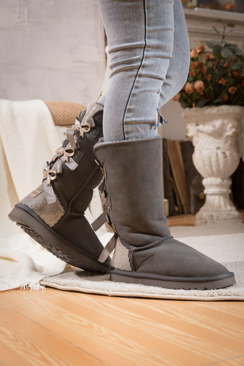 UGG Rhinestone Ribbon Tri-Tie Bow Suede Boots - Grey