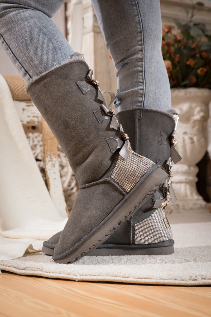 UGG Rhinestone Ribbon Tri-Tie Bow Suede Boots - Grey
