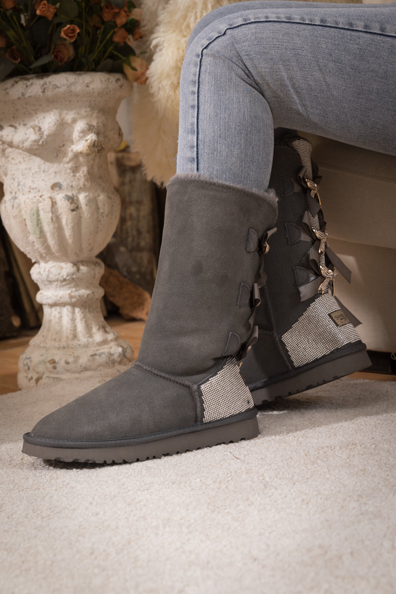 UGG Rhinestone Ribbon Tri-Tie Bow Suede Boots - Grey
