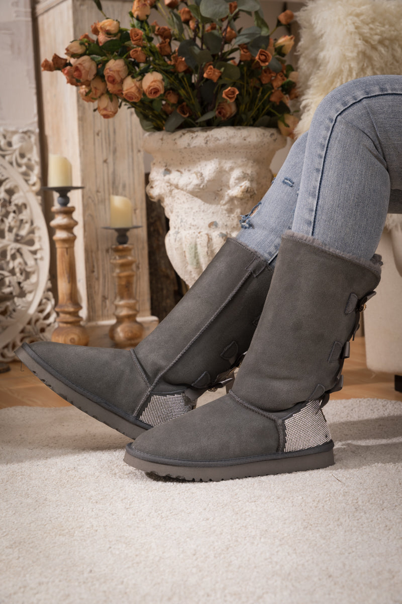 UGG Rhinestone Ribbon Tri-Tie Bow Suede Boots - Grey
