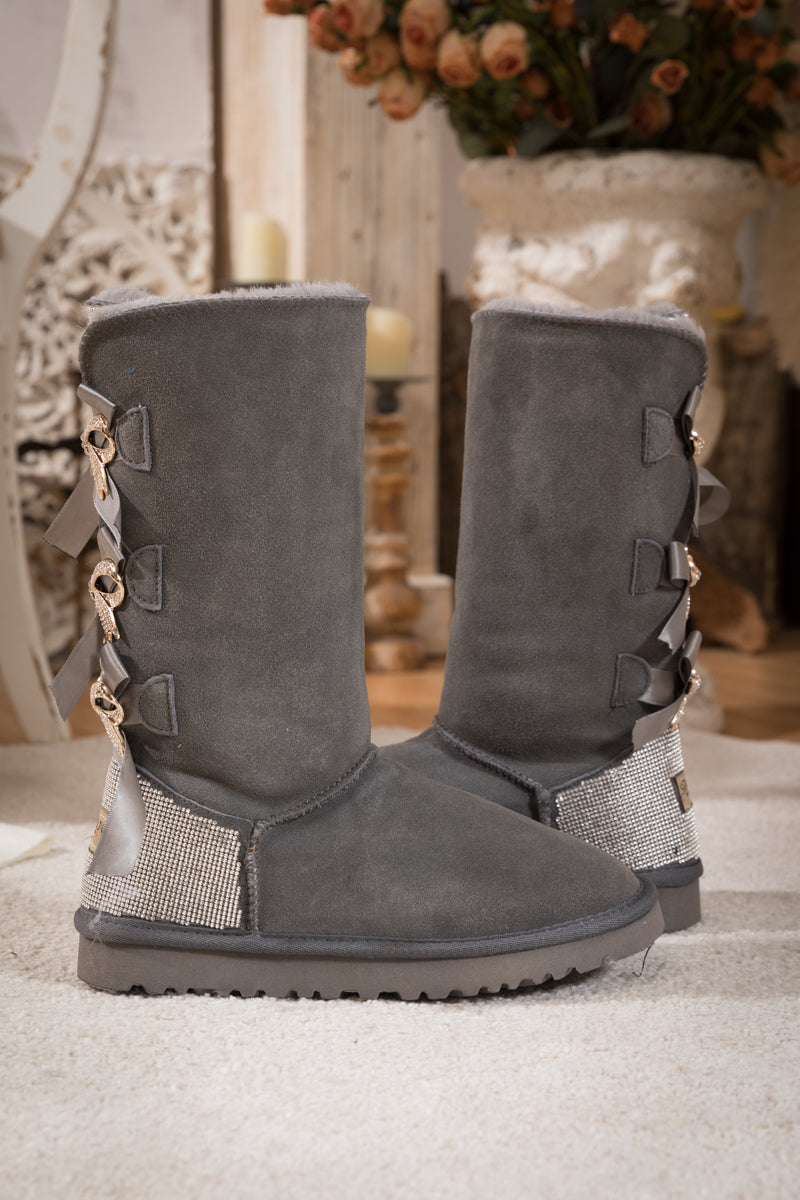 UGG Rhinestone Ribbon Tri-Tie Bow Suede Boots - Grey