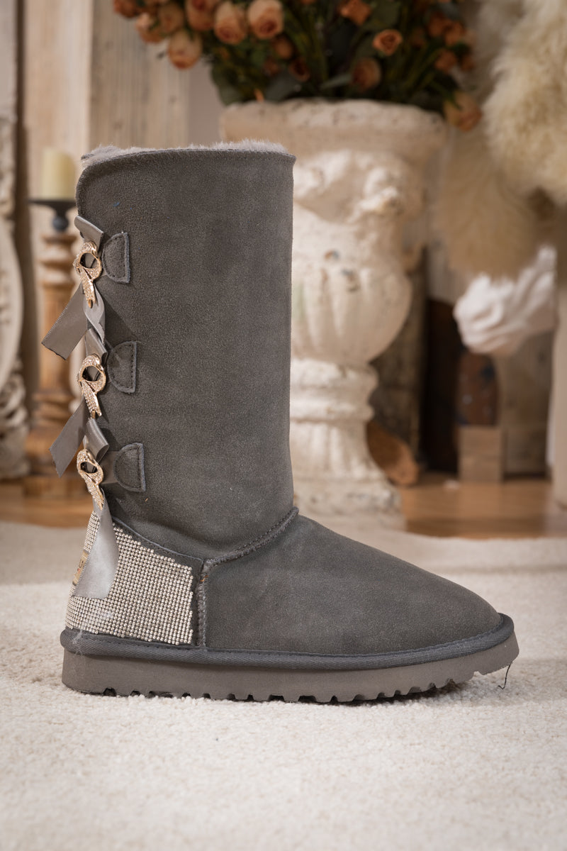 UGG Rhinestone Ribbon Tri-Tie Bow Suede Boots - Grey