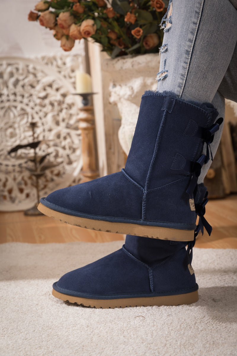 UGG Double Ballet Ribbon Bow Suede Shearling Boots - Navy