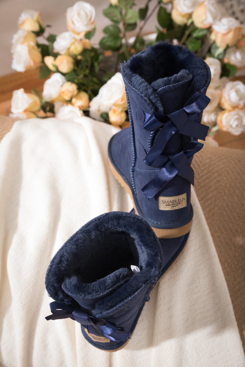UGG Double Ballet Ribbon Bow Suede Shearling Boots - Navy