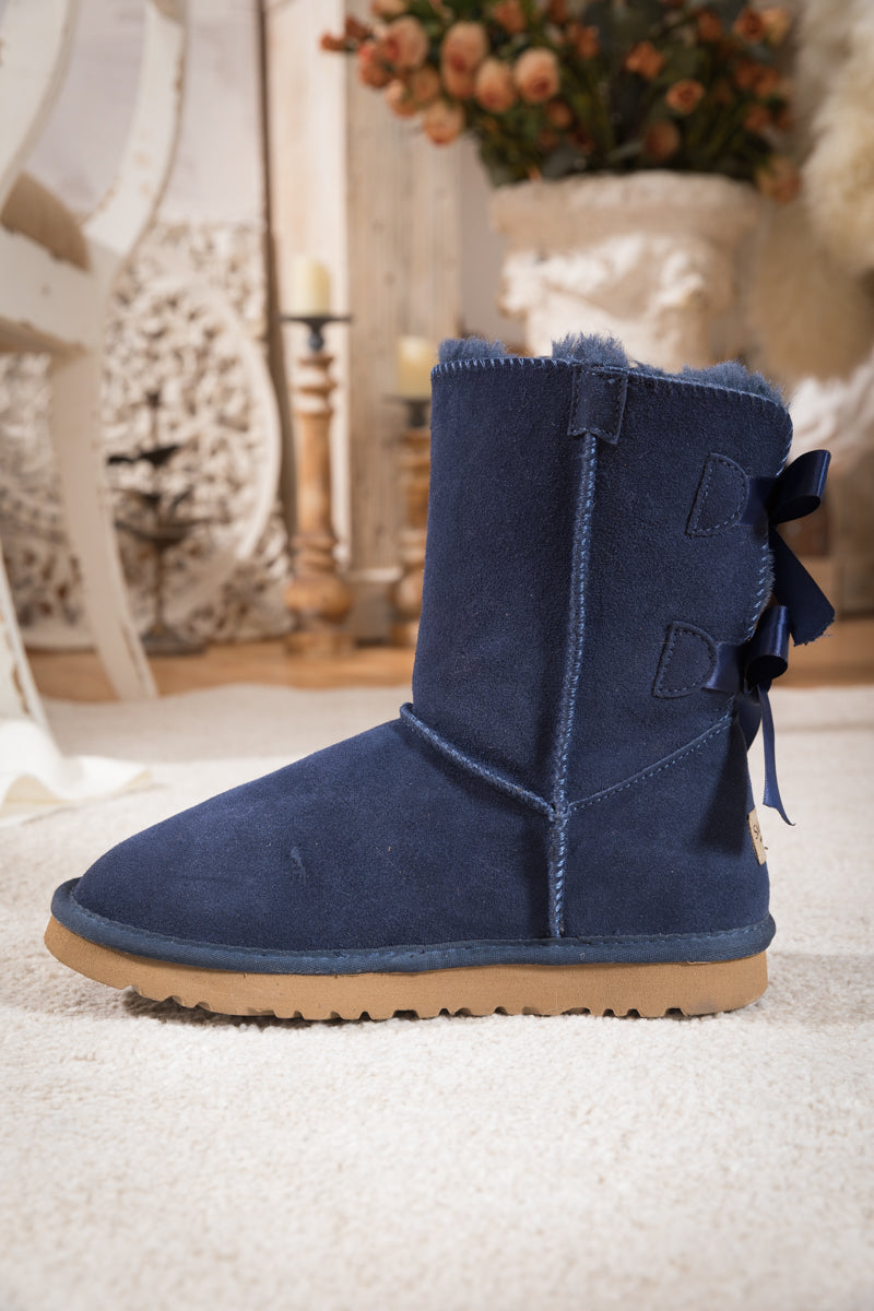 UGG Double Ballet Ribbon Bow Suede Shearling Boots - Navy