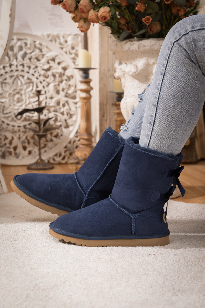 UGG Double Ballet Ribbon Bow Suede Shearling Boots - Navy