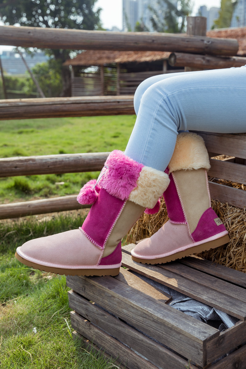 UGG Fringe Ball Color Contrast Suede Boots - Pink