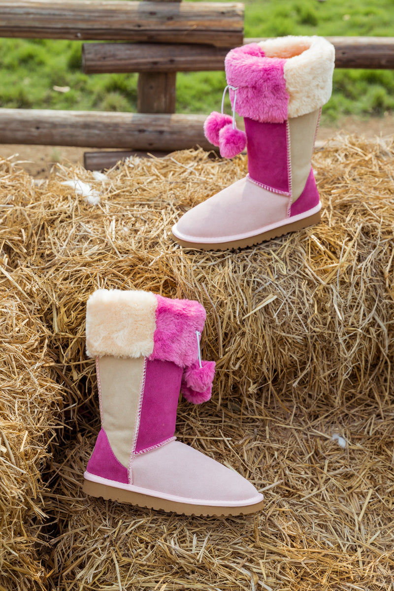 UGG Fringe Ball Color Contrast Suede Boots - Pink