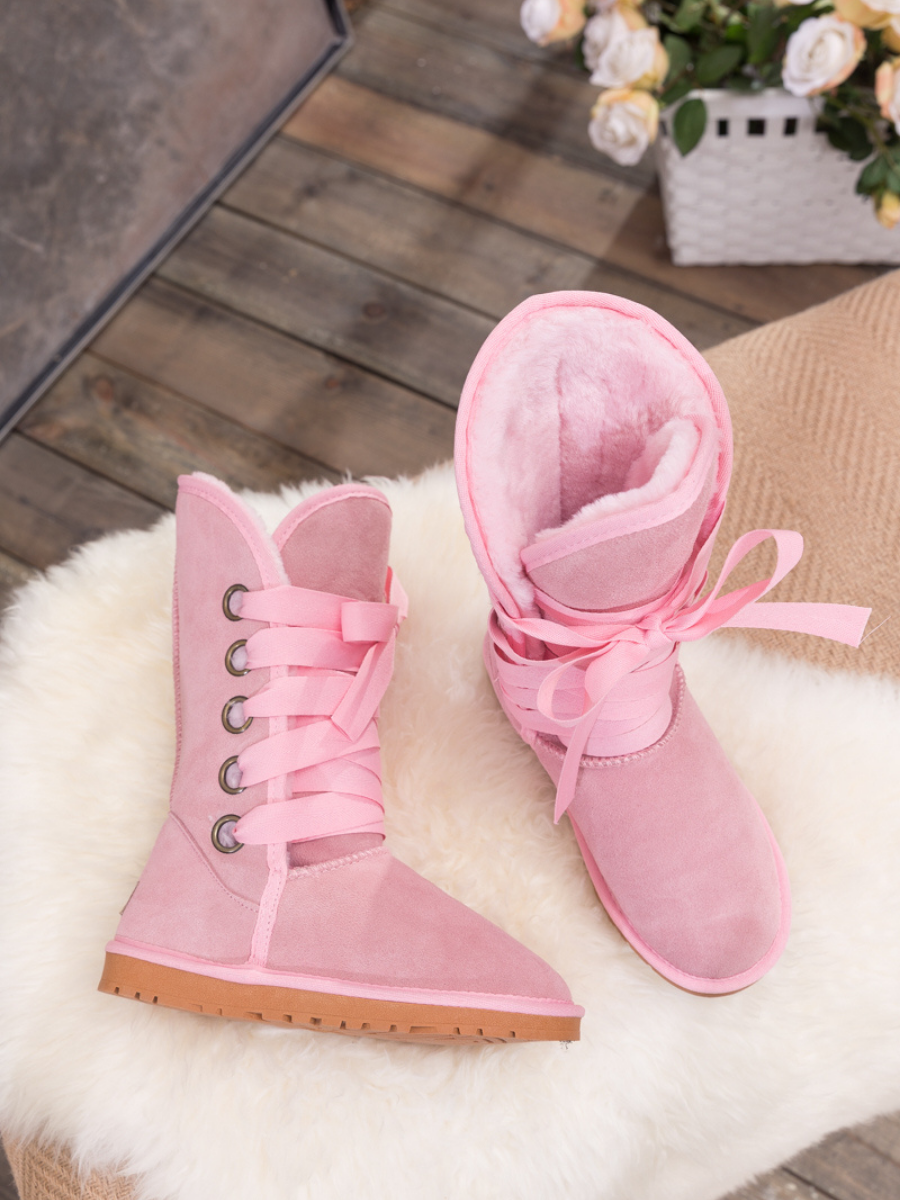 UGG Ribbon Lace-Up Faux Fur-lined Suede Boot - Pink