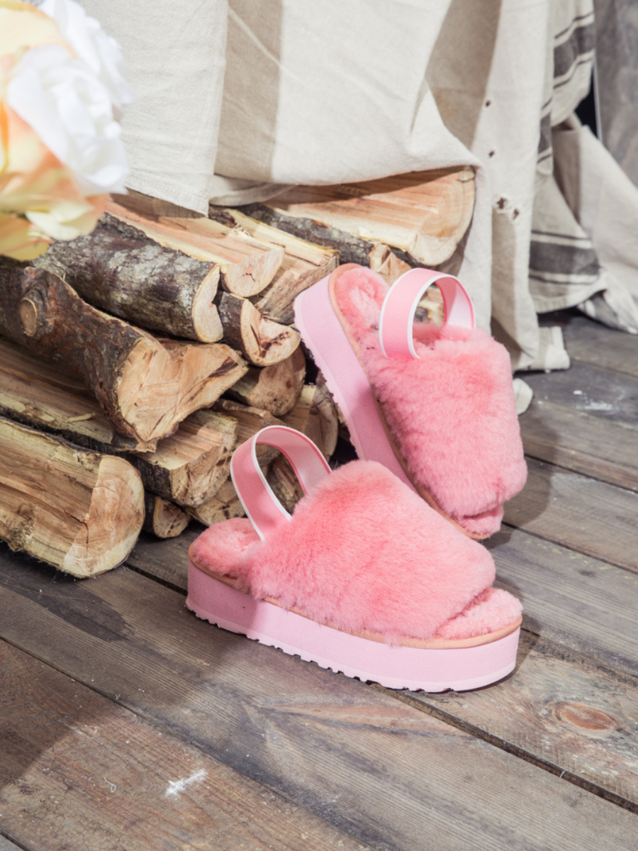 UGG Soft Woolen Fluffy Disco Sandal Slipper - Pink