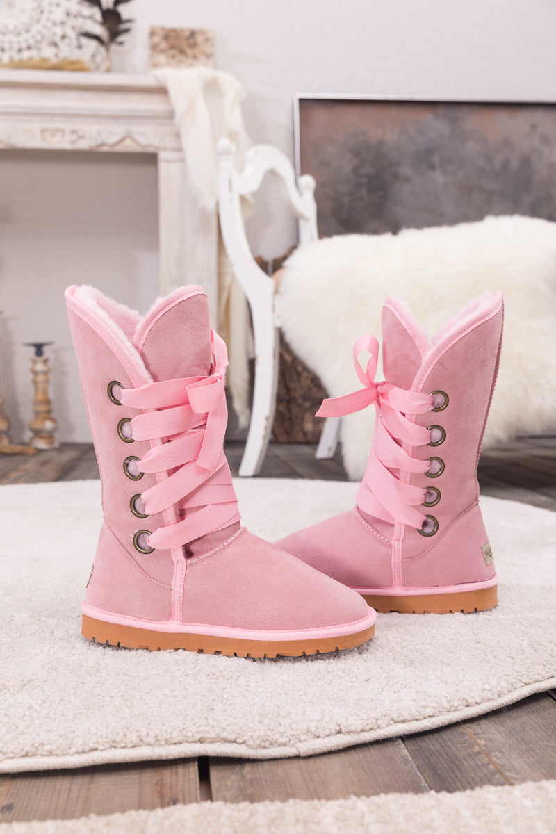 UGG Ribbon Lace-Up Faux Fur-lined Suede Boot - Pink