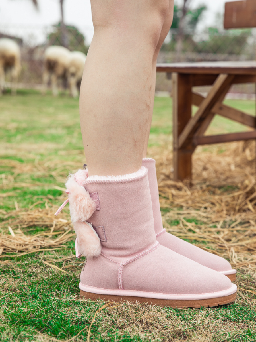 UGG Back Woollen Bow Suede Boots - Pink