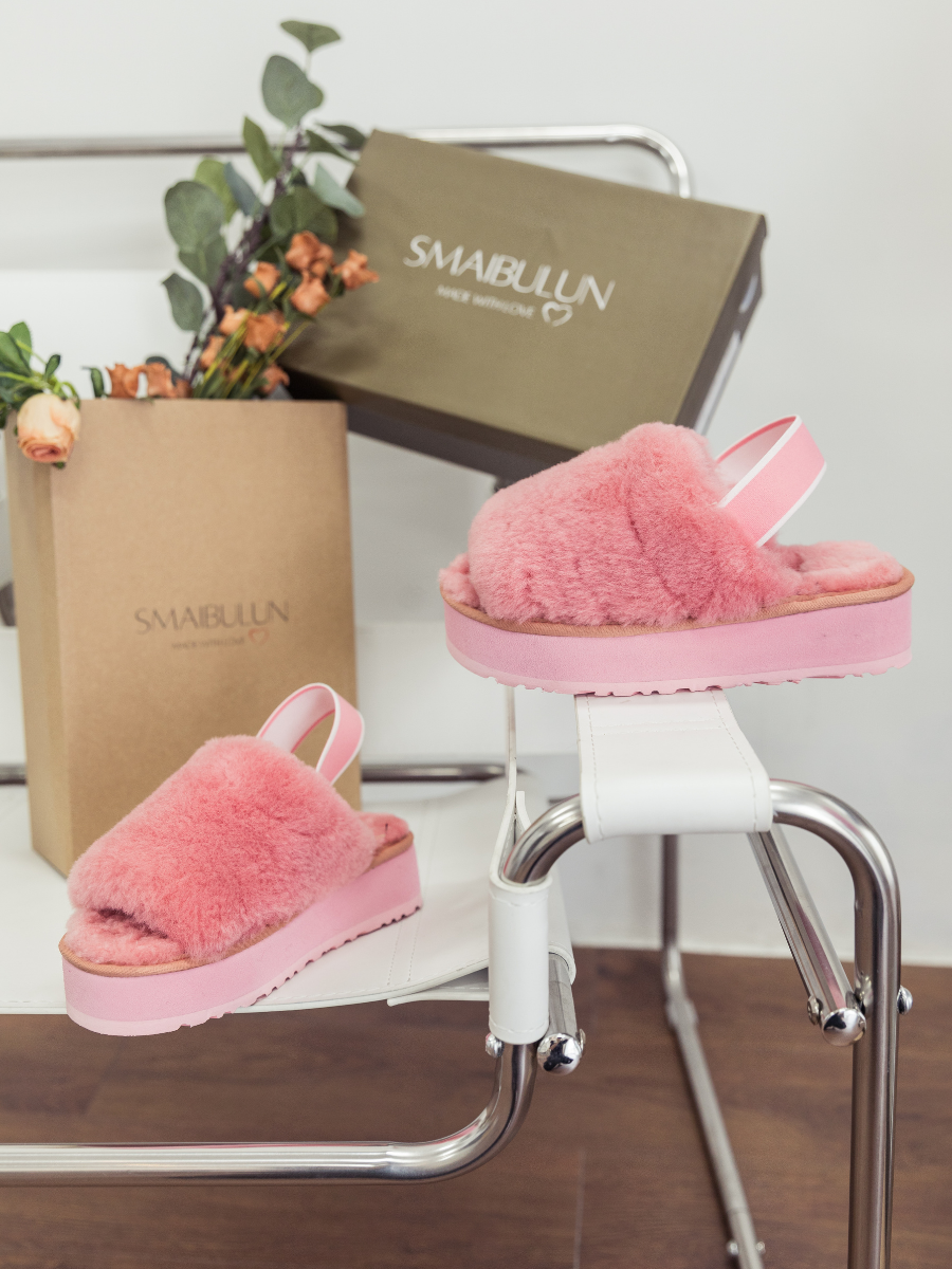 UGG Soft Woolen Fluffy Disco Sandal Slipper - Pink