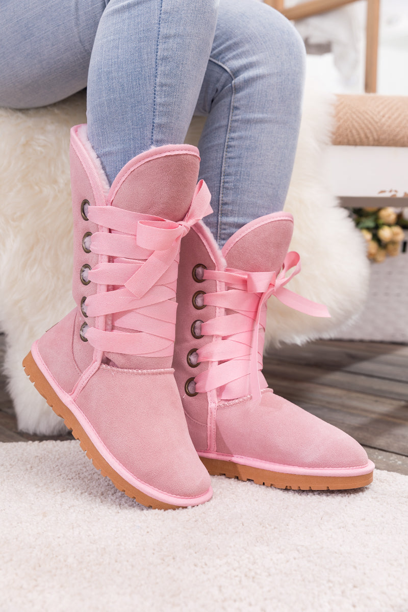 UGG Ribbon Lace-Up Faux Fur-lined Suede Boot - Pink