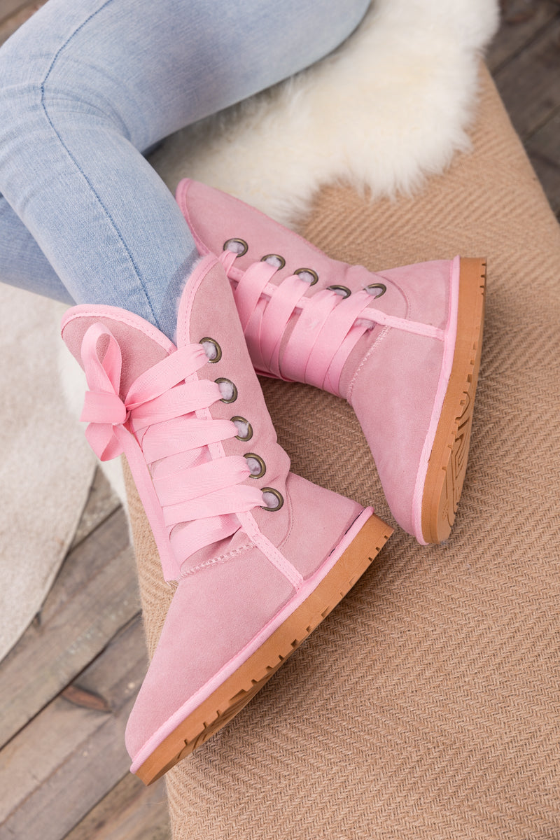UGG Ribbon Lace-Up Faux Fur-lined Suede Boot - Pink