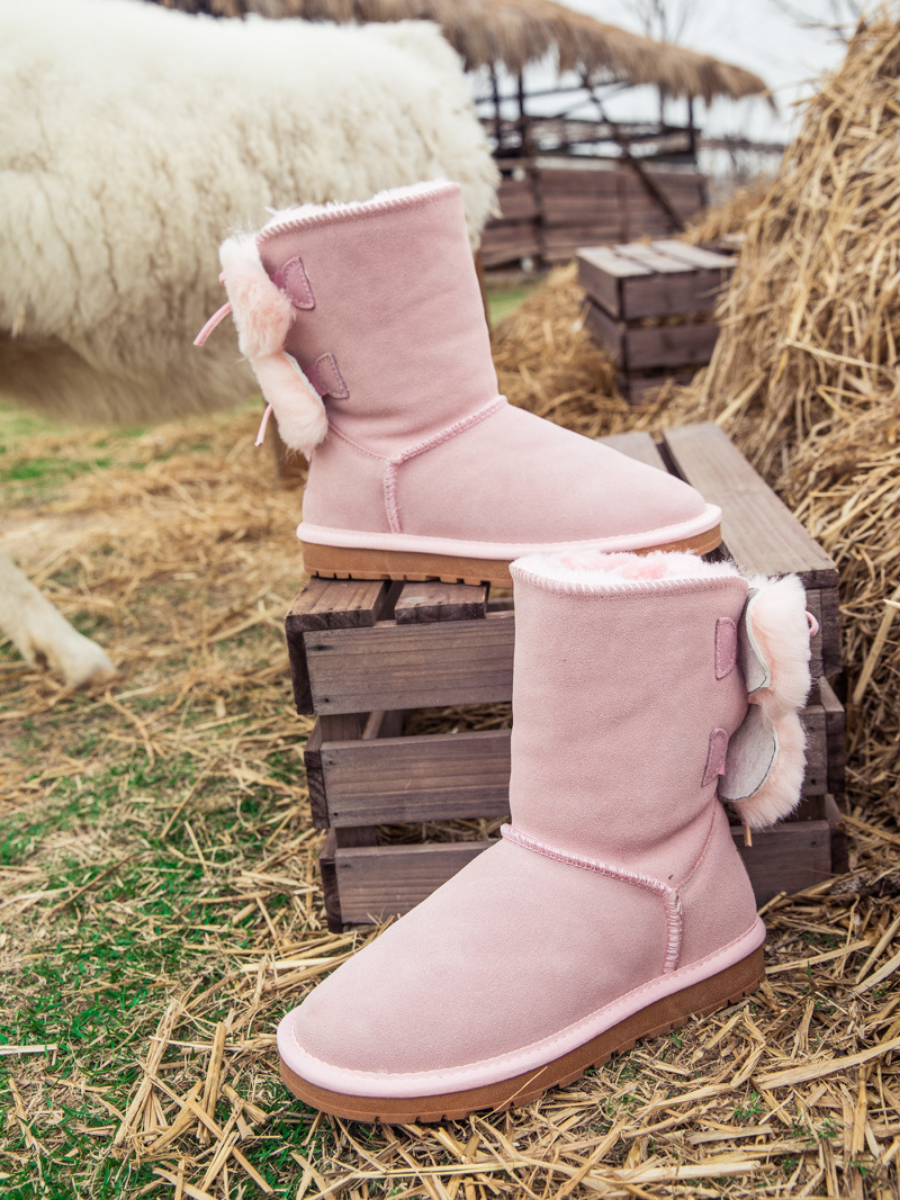 UGG Back Woollen Bow Suede Boots - Pink