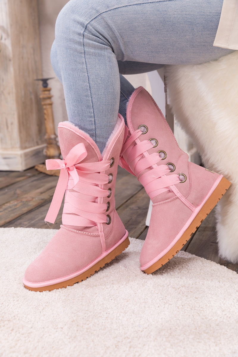 UGG Ribbon Lace-Up Faux Fur-lined Suede Boot - Pink
