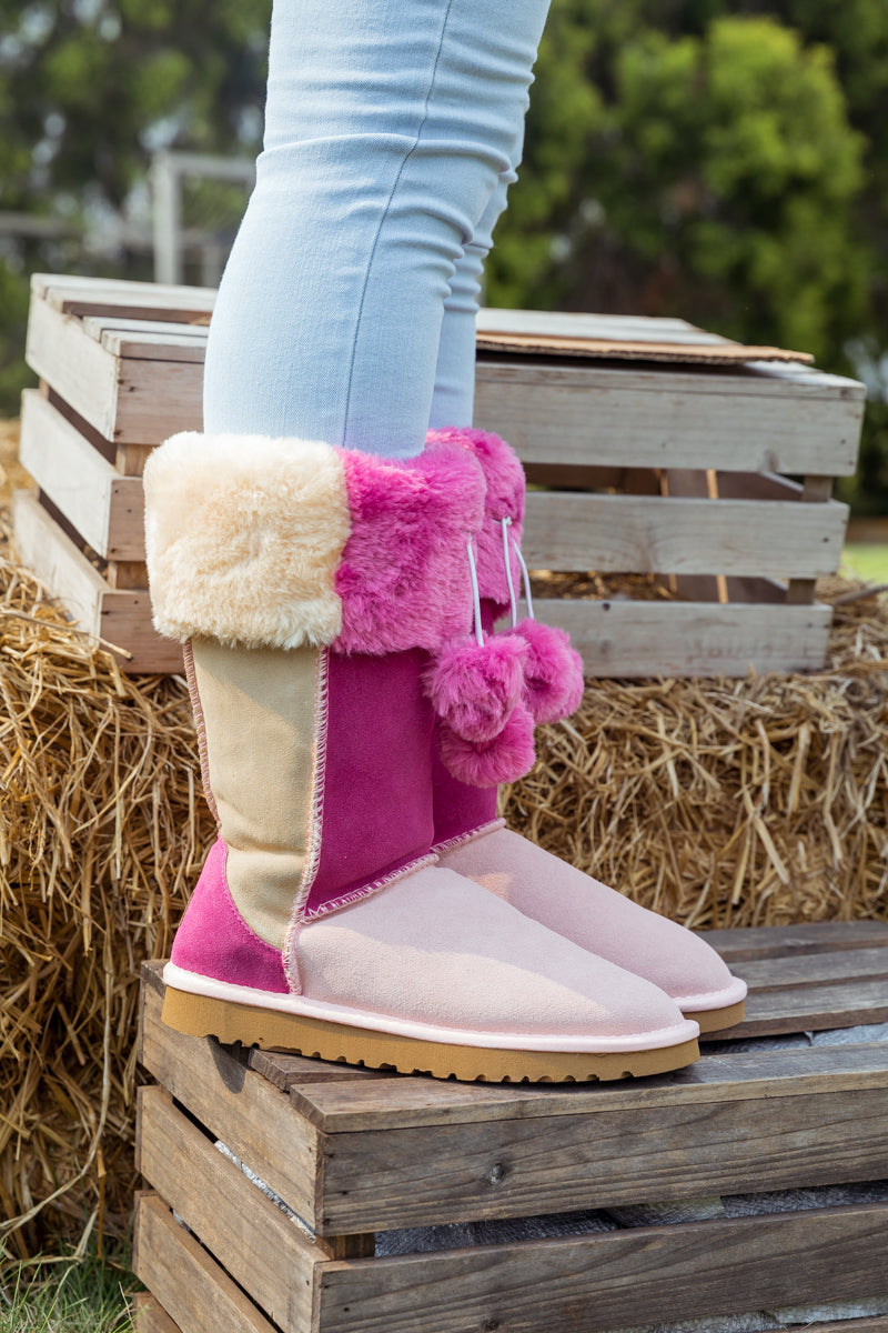UGG Fringe Ball Color Contrast Suede Boots - Pink
