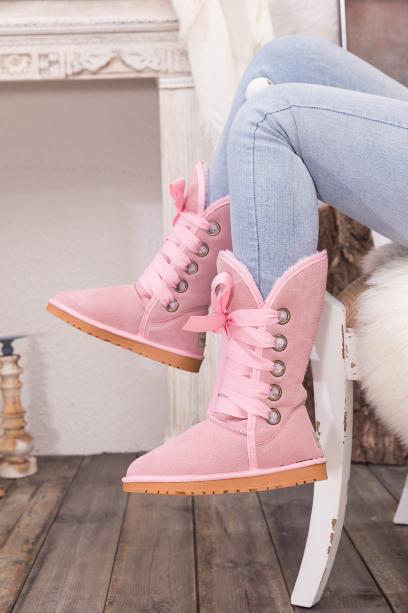 UGG Ribbon Lace-Up Faux Fur-lined Suede Boot - Pink