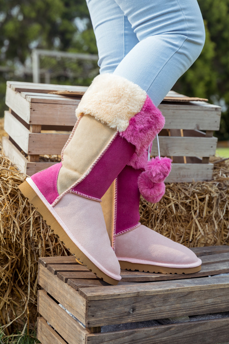UGG Fringe Ball Color Contrast Suede Boots - Pink
