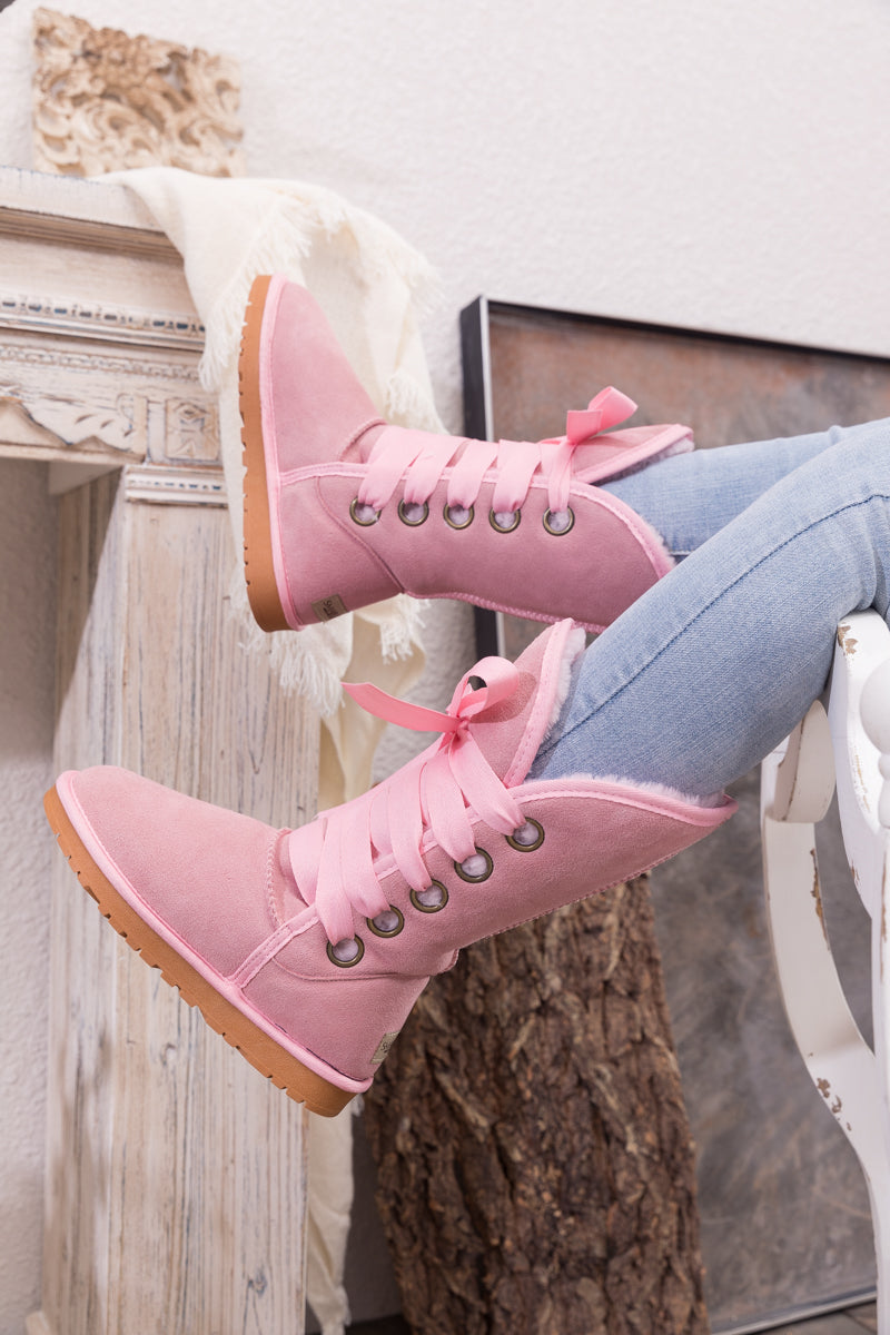 UGG Ribbon Lace-Up Faux Fur-lined Suede Boot - Pink